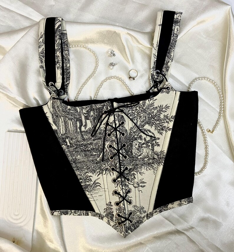 Toile-tryckt snörningskorsetttopp – Renässanskorsett i vintagestil bild 2