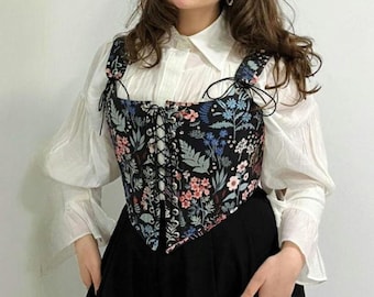 Överbyst Vintagekorsett med Blommönster på Svart – Helfodrad Bomullsbustier