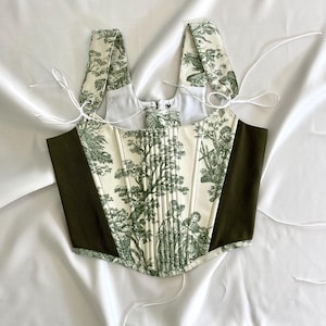 Overbust Green and Khaki Corset, Renaissance Corset, Toile de Jouy Print Corset, Green and White Corset, Plus Size Corset, Back-Tie Corset