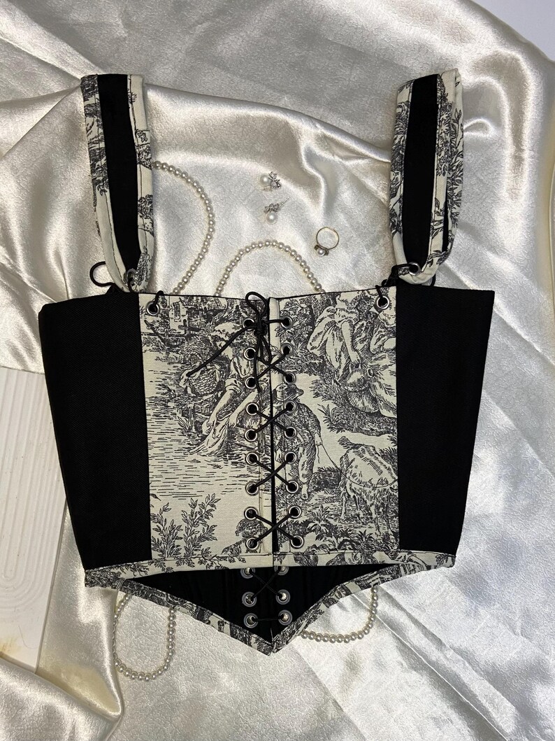 Toile-tryckt snörningskorsetttopp – Renässanskorsett i vintagestil bild 3