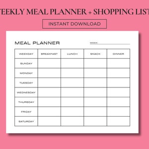 Weekly Meal Planner, Printable Meal Planner, Menu Planner, Meal Prep, Printable Shopping List, Printable Grocery List, Digital Download