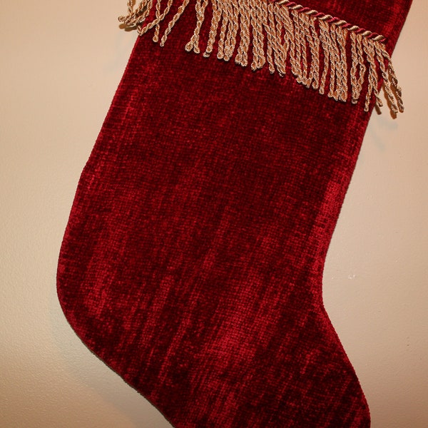 Vintage Velvet Red Christmas Stocking. Unused vintage stocking with cardboard and tag inside. 70 Rayon chenille 30 polyester.