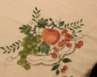 Vintage Green and Coral Embroidered Tablecloth and napkin set.