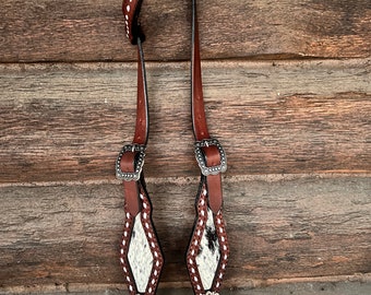 Handcrafted Leather One Ear Headstall with Cowhide Inlay and White Buckstitch