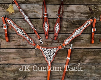 Handcrafted Leopard Print Inlay Leather Gladiator Style Tack Set Breastcollar/Headstall/Wither Strap