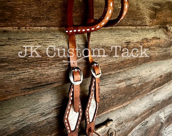 Handcrafted Leather Double Ear Headstall with Cowhide Inlay and White Buckstitch