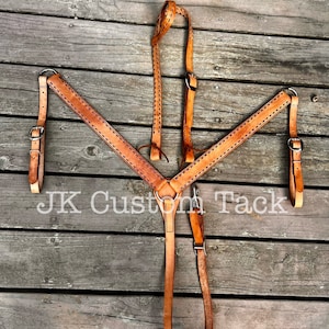Handcrafted Leather Headstall or Breastcollar with Metallic Purple Buckstitch