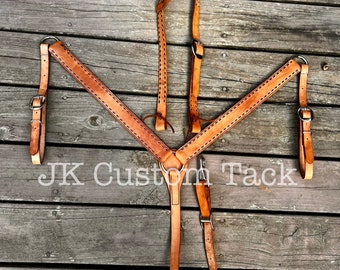 Handcrafted Leather Headstall or Breastcollar with Metallic Purple Buckstitch