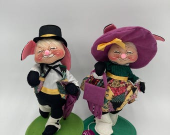 Annalee Victor and Victoria Bunny Dolls Easter Bunny Dolls Mobiltree Meredith NH 1998 12” tall w/ Tags (See Description)