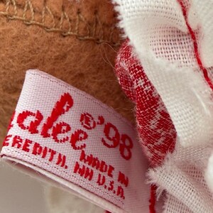 以下が含まれることがあります： 「alee」という名前と「'98」という年号が赤色でプリントされた布製のタグのクローズアップ。タグは茶色のぬいぐるみのようなものに取り付けられています。赤と白の模様の白い生地が見えます。