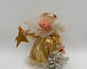 Annalee Angel in Gold Doll Tree Topper w/ Star and Flowers Christmas Angel Doll Mobiltree Meredith NH 1988 10” tall No Tags