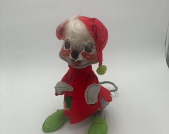 Muñeca de ratón navideño Annalee en pijama, Mobiltree Meredith, NH, 1971, 28 cm de alto, sin etiquetas