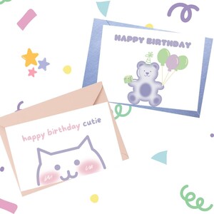 CONJUNTO DE 2 Cartões de Aniversário Dobráveis Bonitos para Imprimir 7x10 (5x7) | Download DIGITAL Instantâneo | Cartões Estilo Coreano | Desejos de Kitty + Teddy