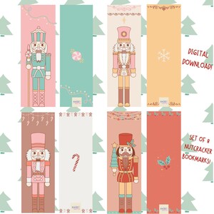 May include: A set of eight rectangular bookmarks featuring illustrations of nutcrackers, candy canes, snowflakes, and holly. The designs include pastel and vibrant colors with text that reads DIGITAL DOWNLOAD and SET OF 8 NUTCRACKER BOOKMARKS.