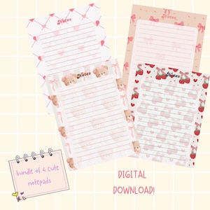 DIGITAL and PRINTABLE Cute Notepads  | Pretty Notes Stationary | Compatible with any Notes App | Aesthetic and Coquette Designs | Set of 4