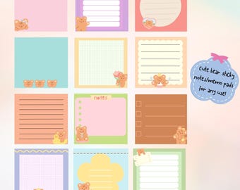 Schattige beer DIGITAAL bedrukbare notitieblokken/memoblokken | Plaknotities esthetische kleurrijke beer | Compatibel met Goodnotes | Leuk briefpapier | 12 SET:
