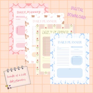 Agende giornaliere carine DIGITALI e STAMPABILI / Graziosi articoli di cancelleria / Compatibili con qualsiasi app per appunti / Design estetici e civettuoli / Set da 4