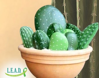Plant with Purpose: Hand-Painted Cacti Rocks - Support Mental Health Nonprofit -  Indoor & Outdoor Maceta Pintada a Mano S21