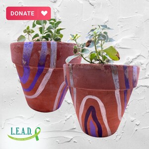 Può includere: Due vasi di terracotta con disegni dipinti a mano in viola e bianco. I vasi sono pieni di piante verdi e sono su uno sfondo bianco testurizzato. Il testo "DONATE" è in un cuore rosso nell'angolo in alto a sinistra dell'immagine.