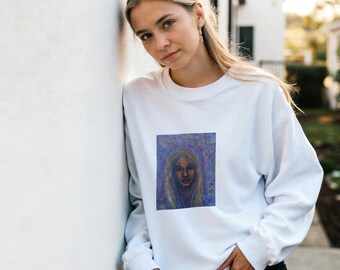 Crossword Puzzle Portrait Sweatshirt - Colorful, Artistic Design with Crossword Background
