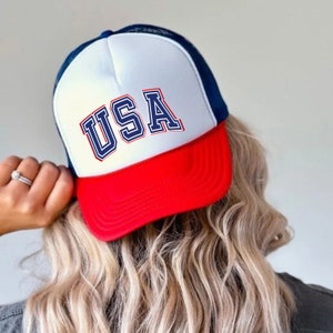 USA Trucker Hat, 4th of July Trucker Hat, Patriotic Cap For Her Trucker Hat, Red White and Blue Snap Back Summer Trucker Hat, Girls Trip Hat