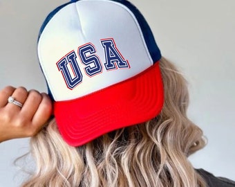 USA Trucker Hat, 4th of July Trucker Hat, Patriotic Cap For Her Trucker Hat, Red White and Blue Snap Back Summer Trucker Hat, Girls Trip Hat