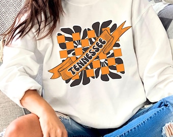 Sudadera retro de Tennessee, estilo bohemio, de gran tamaño, con cuello redondo y estampado de cuadros de los Tennessee Vols Football de Tennessee College Gameday, sudadera estilo preppy de Tennessee