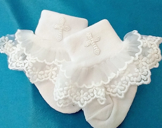 Baby Girl Baptism Socks, Lace Trim, Embroidered, Cross Etsy