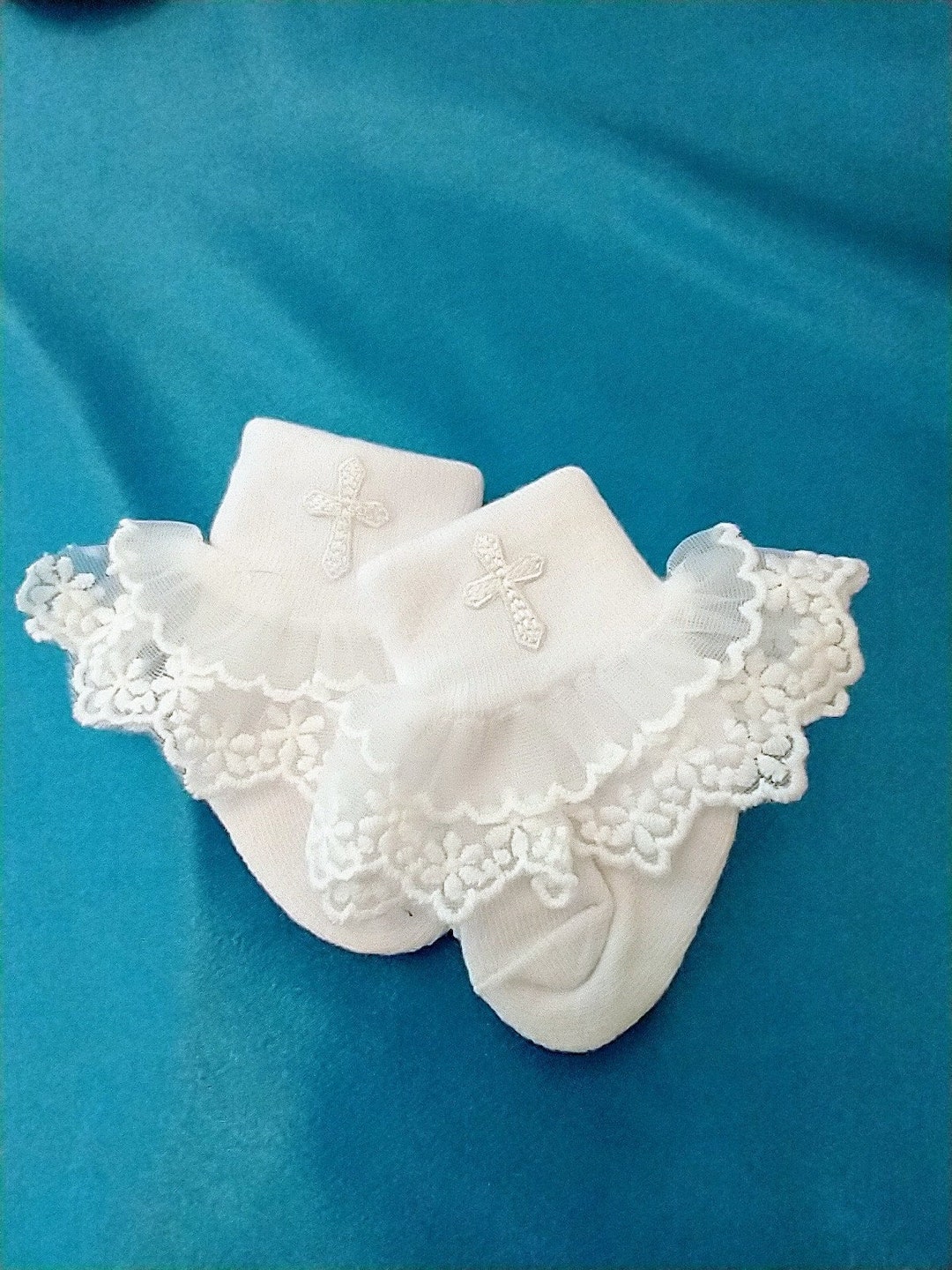 Baby Girl Baptism Socks, Lace Trim, Embroidered, Cross Etsy