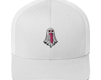 Ghost Trucker Hat: Cool Ghost with Tongue-Out Trendy 'X' Glasses Logo Baseball Cap
