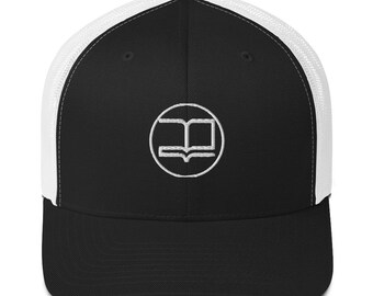 Book Trucker Hat: Minimalist Open Book Circle Logo Baseball Cap