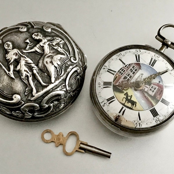 Antique 1767 Georgian Verge Fusee Pocket Watch & Case / Hallmarked Sterling / Repousse / F. Miller London / Painted Enamel Dial / Working