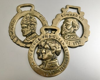 3 Vintage Horse Brass Medallions / British Monarchs / King George / Queen Elizabeth / King Edward / Western / Horse Tack / Horse Riding
