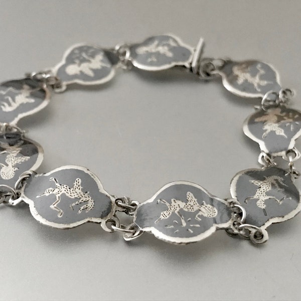 Vintage Siam Sterling Silver Bracelet / Niello Enamel / Charm