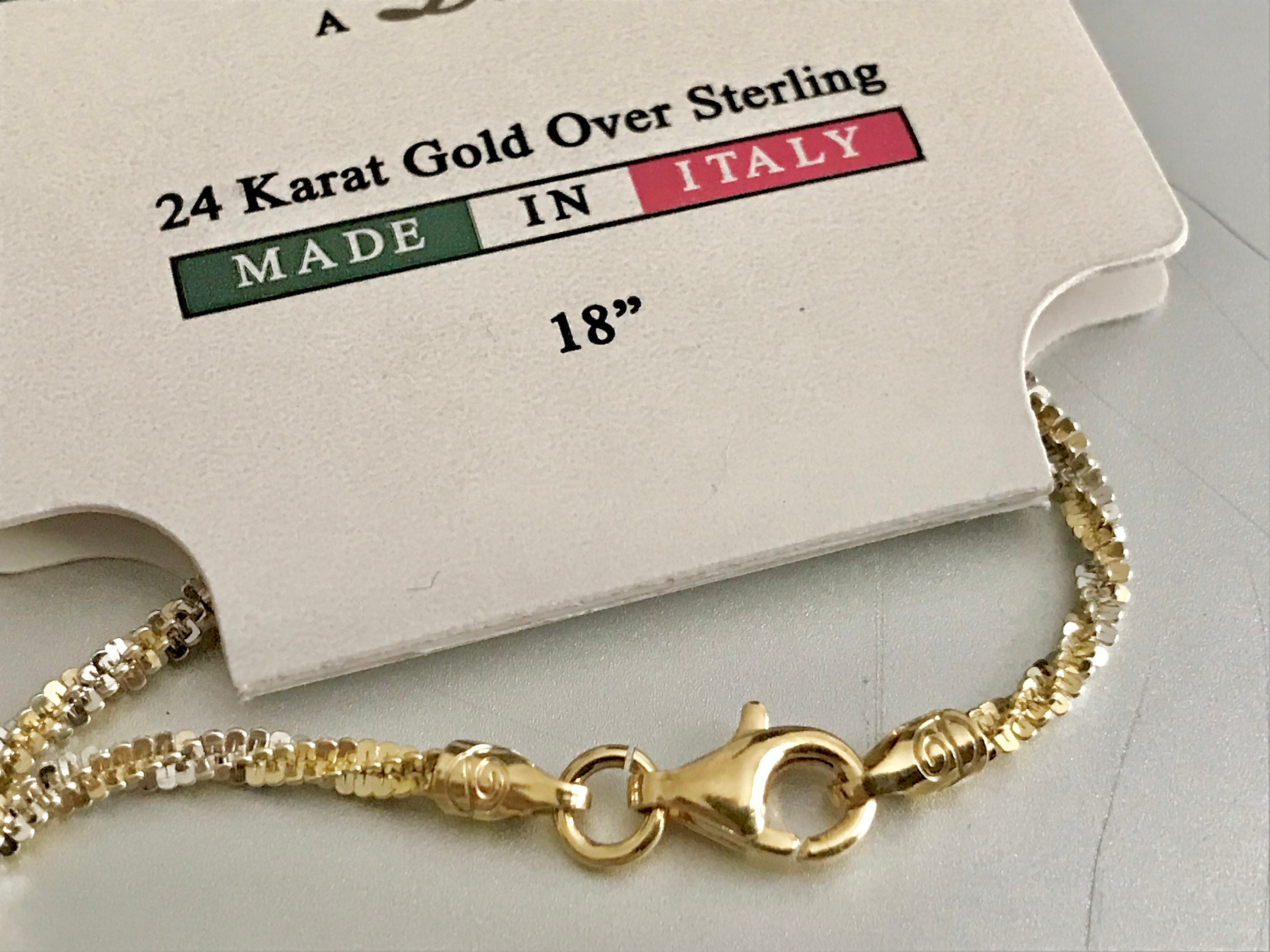 Long 24K Gold Sterling Silver Two Tone Chain Necklace Italy