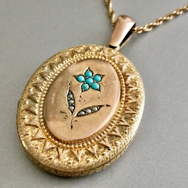 Antique Victorian Locket Pendant / Gold Filled / Turquoise / Seed Pearl / Mourning / Wedding / Anniversary