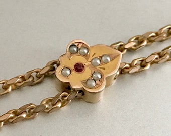 Antique Victorian Pocket Watch Slide Chain / Seed Pearl / Ruby Glass / Gold Filled / Rope Chain / Fob / Steampunk / Anniversary / Wedding