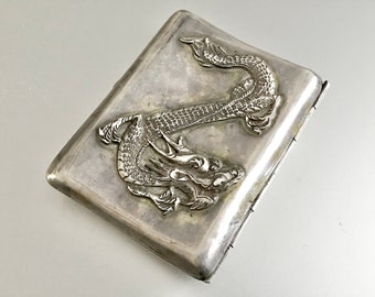Antique Silver Chinese Export Cigarette Case / Dragon / Chased Embossed / Hallmarked / Tobacciana / Card Case / 90 / 900 Sterling Silver