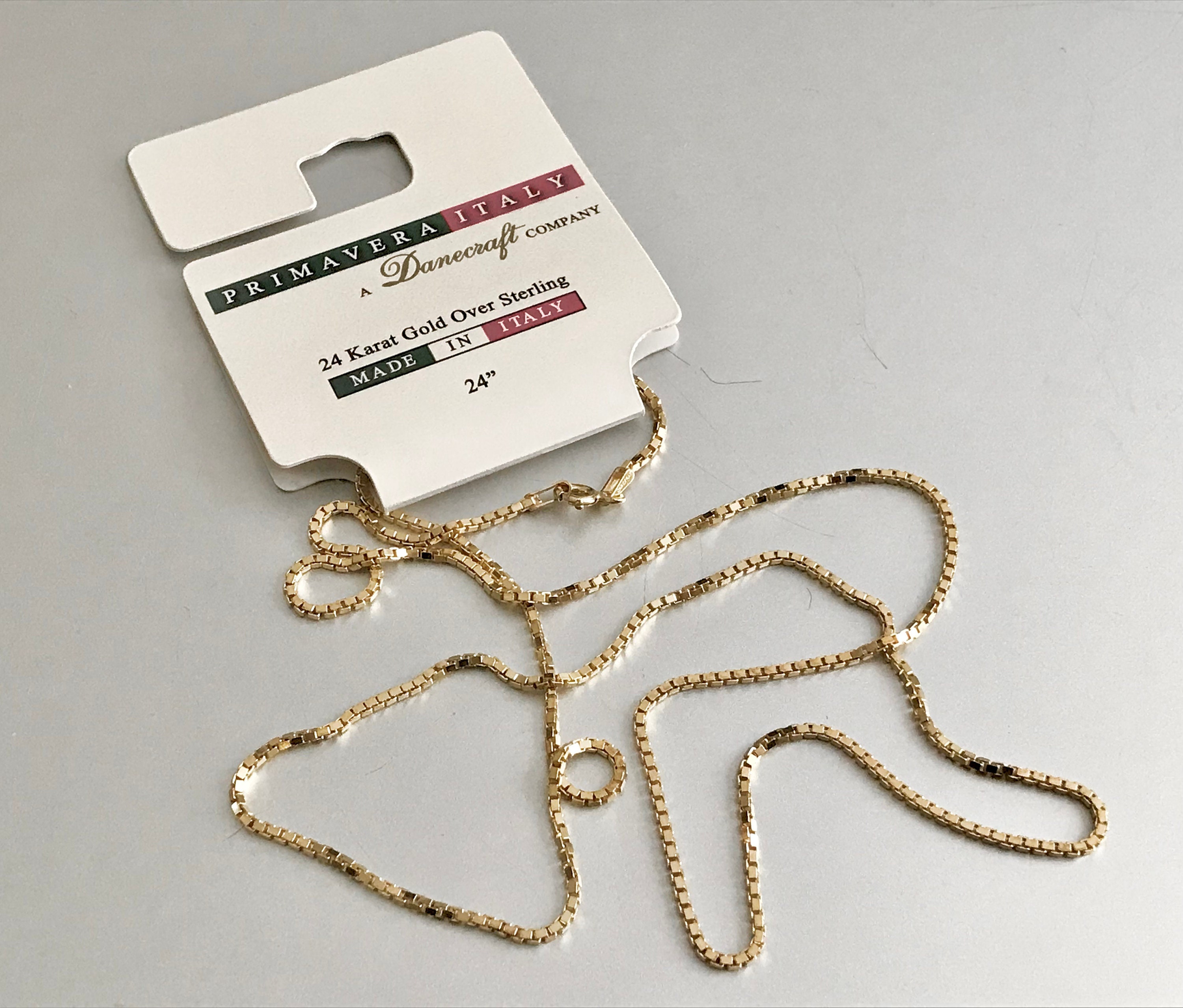 Long 24K Gold Sterling Silver Box Chain Necklace Italy 925