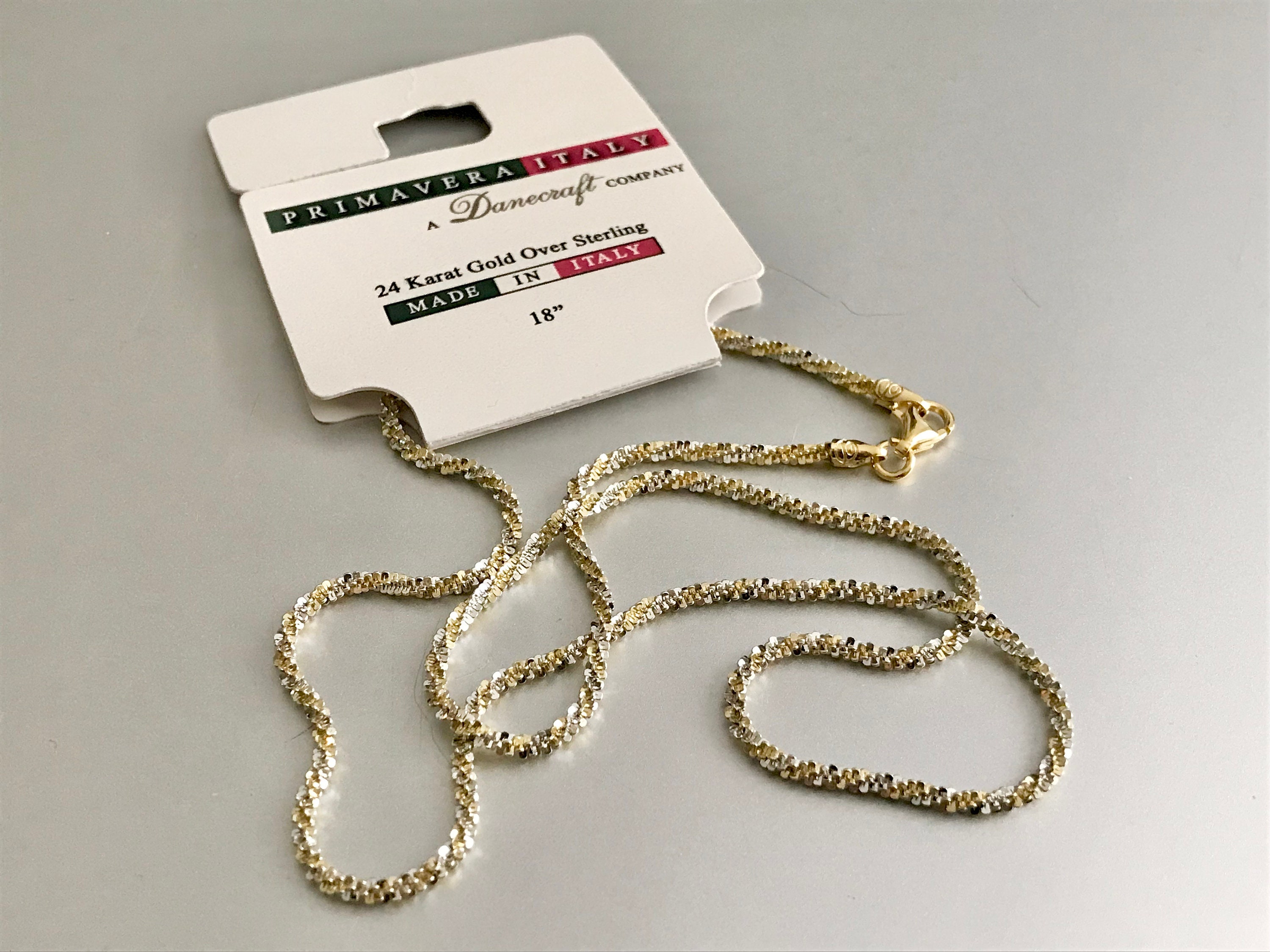 Long 24K Gold Sterling Silver Two Tone Chain Necklace Italy