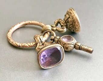 Antique Victorian Wax Seal Fob / Pocket Watch Chain Fob / Carnelian / Amethyst / Watch Key / Gold / Masonic / Seek / Steampunk