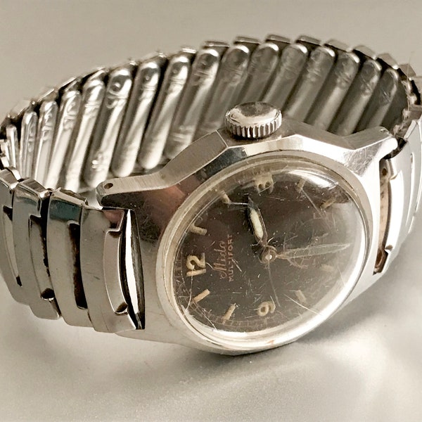 Vintage MIDO Multifort Swiss Watch / Retro Wristwatch / Metal Strap / Military / Dark Brown Dial