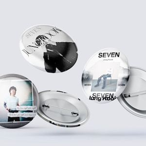 May include: Three round button pins featuring different images of the singer Jungkook from the K-pop group BTS. The first pin shows Jungkook in a black and white photo with the text "SEVEN Jungkook" on the top. The second pin shows Jungkook in a color photo with the text "You know night after night, I'll be here you night over days in a row." The third pin shows Jungkook in a color photo sitting on a chair with the text "SEVEN Jungkook" on the bottom.