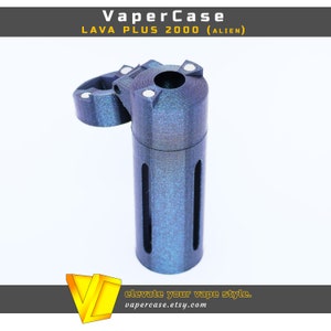 May include: A blue and black vape case with a textured finish. The case has a hinged lid and a cylindrical body with a small opening at the top. The case is labeled "VaperCase LAVA PLUS 2000 (ALIEN)".
