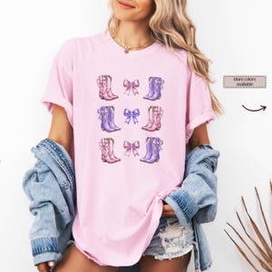 Coquette Pearl Bow Cowgirl Boots Shirt , Pink Western Boots T-Shirt, Casual Style, Gift for Her, Cowgirl Boho Vibes Tee Festival Graphic Tee