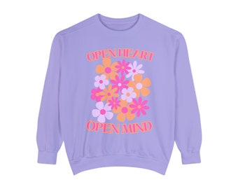 OPEN HEART OPEN Mind カラフルなレトロな花 | レトロなスウェットシャツ 誕生日プレゼント | レトロなフラワーシャツ | 花柄スウェットシャツ | ユニセックスフラワースウェットシャツ