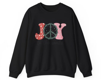 Retro Joy Peace Sign Christmas shirt, womens oversized sweat shirt, Unisex Heavy Blend™ Crewneck Sweatshirt