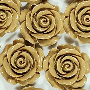 6 Tan Flower Cabochons 28mm, Detailed Resin Flowers  (C001-Tan)