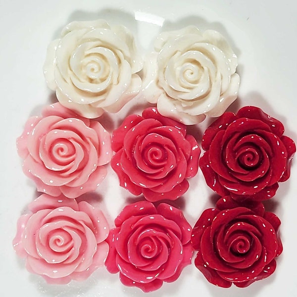 8 Pink Mix Flower Cabochons 28mm, Detailed Resin Flowers  (C001-PinkMix)