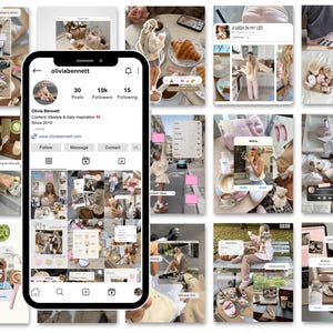 Op de afbeelding: Een collage van Instagram-berichten, met een telefoon die een Instagram-profiel met de naam "oliviabennett" weergeeft. Het profiel presenteert lifestyle-content, waaronder afbeeldingen van eten, mode en het dagelijks leven. De algehele esthetiek is zacht en vrouwelijk, met pastelkleuren en samengestelde details.